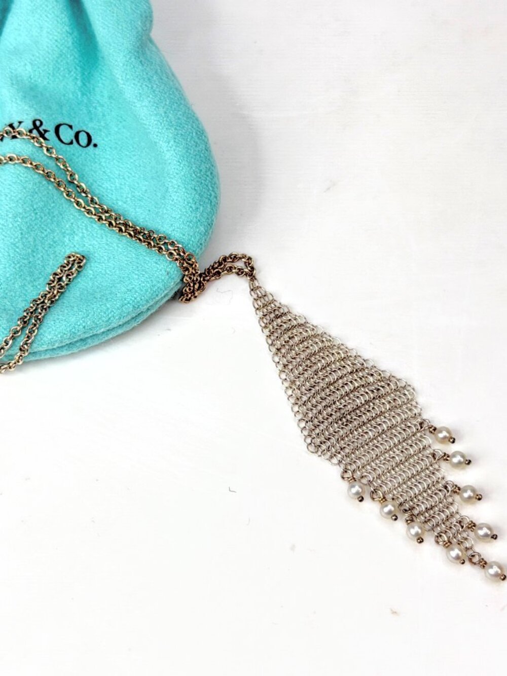 Tiffany Co. Elsa Peretti Sterling Silver Mesh Fringe Pearl Necklace 3.8g JR2003